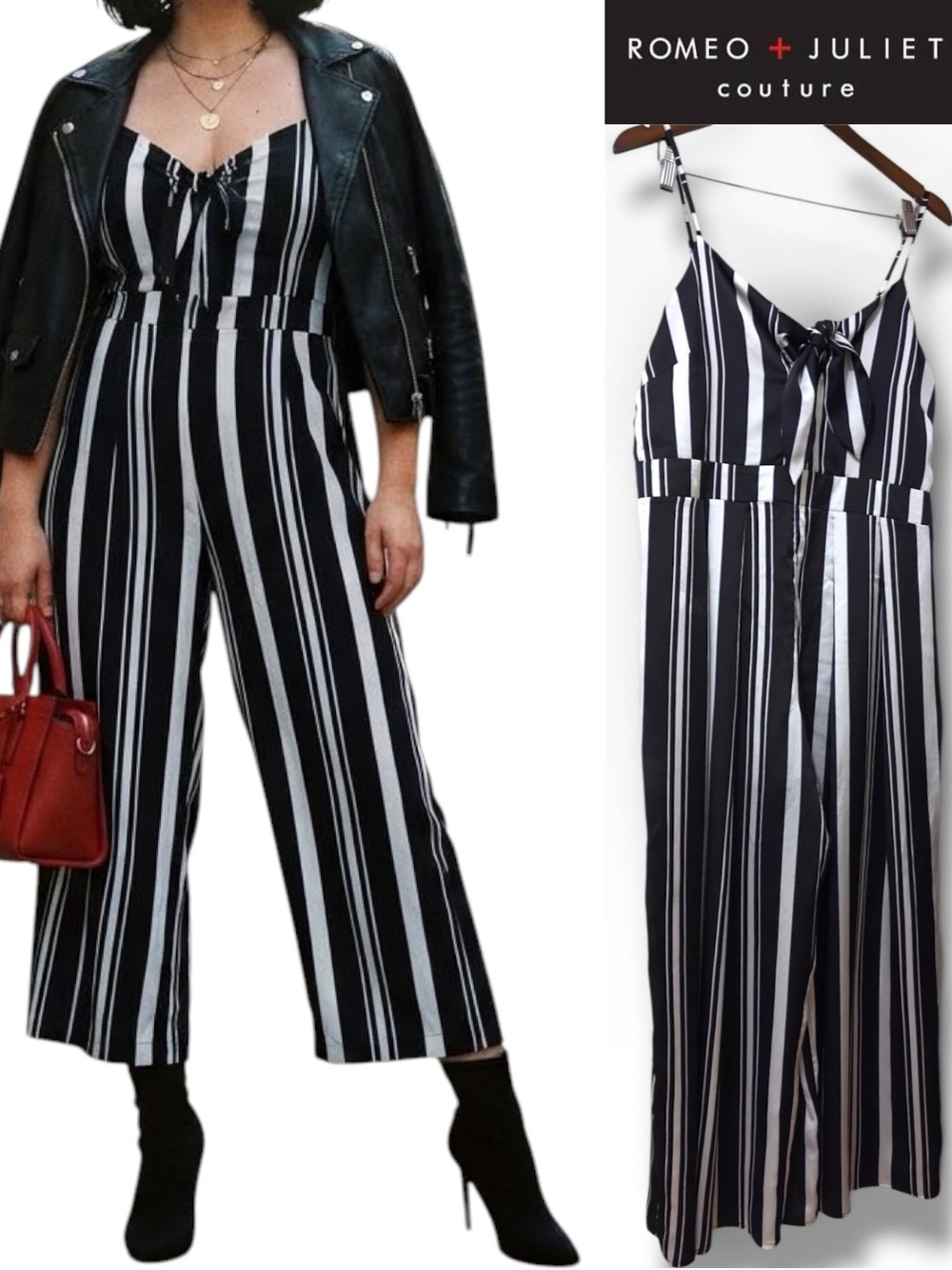 Romeo & Juliet Couture|NWOT Black White Striped Tie-Front Wide-Leg Jumpsuit (XL)